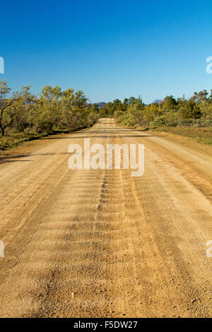 Diritta lunga strada ondulato per affettare attraverso la macchia di Aroona Valley in Flinders Ranges, sotto il cielo blu in outback Australia Foto Stock