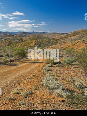 Lunga strada tortuosa serpeggiando in arido paesaggio collinare di Gammon gamme Parco Nazionale sotto il cielo blu in outback Australia del Sud Foto Stock