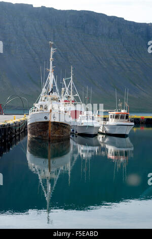 Barche da pesca in porto presso il villaggio di Bildudalur, West fiordi, Islanda, regioni polari Foto Stock