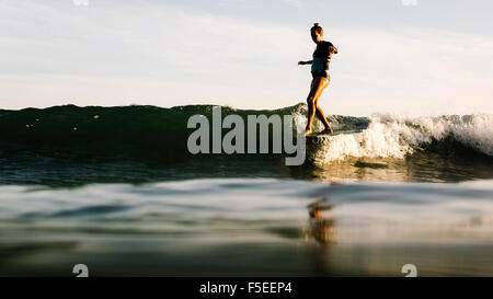 Donna surf al tramonto, Malibu, California, Stati Uniti d'America Foto Stock