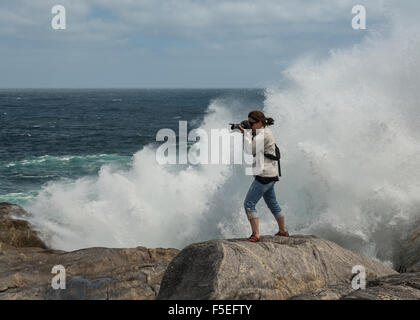 Donna in piedi sulle rocce scattare una fotografia con delle onde che si infrangono sulla battigia Foto Stock