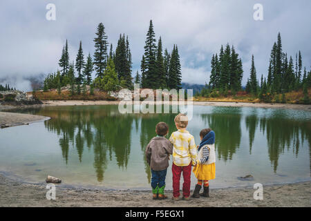 Vista posteriore dei due ragazzi e una ragazza in piedi accanto al lago Foto Stock