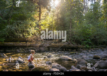 Ragazzo seduto su una roccia nella foresta creek Foto Stock