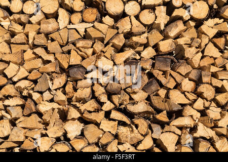 Una catasta di legna da ardere spaccati in Austria pronto per l'inverno. Foto Stock