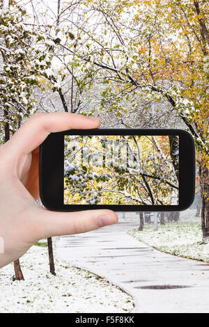 Concetto di stagione - uomo prendendo foto della prima neve sugli alberi nel parco cittadino sullo smartphone Foto Stock