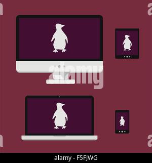 Illustrazione Vettoriale per laptop, smartphone, tablet, sullo schermo del computer con il bianco pinguino Linux silhouette Illustrazione Vettoriale