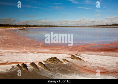 Vasto paesaggio outback con insoliti vivid pink strati di sale accanto a calma blu e rosa le acque del lago in Murray Tramonto Parco Nazionale Australia Foto Stock