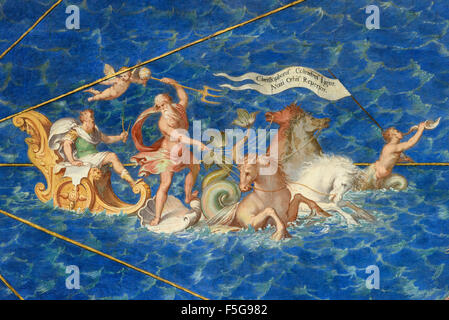 Roma. L'Italia. Dettaglio della mappa della Liguria raffiguranti Cristoforo Colombo & Neptune, Galleria di mappe, Musei Vaticani. Foto Stock