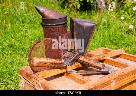 Vintage fumatore e diversi tipi di apicoltore coltelli, filtro di metallo, gabbia per ape regina sulla scatola di legno. Foto Stock