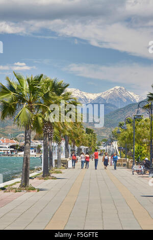 Passeggiata sul lungomare, fiancheggiate da palme. Montagne innevate in distanza. Foto Stock