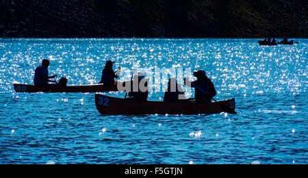 Canottaggio sul Lago Louise è un popolare concessione in Alberta, Canada. I turisti provenienti da tutto il mondo godere canoei ricreative Foto Stock