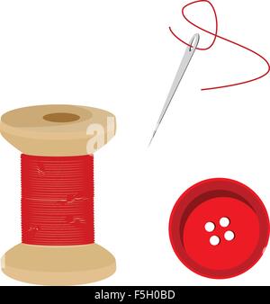 Impostare su misura- Filo rosso rocca, ago e filo, pulsante Cucitura vettore di voce Illustrazione Vettoriale