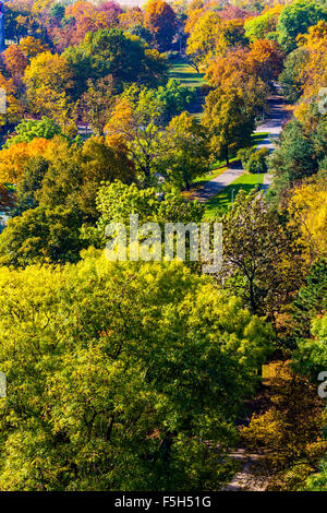 Autunno vista dal ponte Nuselsky, Praga, Repubblica Ceca Foto Stock