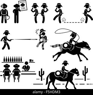 Cowboy Wild West duello Bar cavallo Stick Figura Icona pittogramma Illustrazione Vettoriale