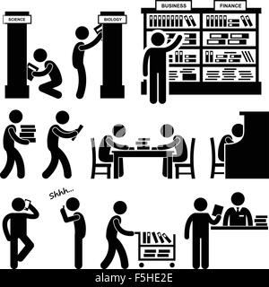 Biblioteca bibliotecario Bookstore studente pittogrammi Illustrazione Vettoriale
