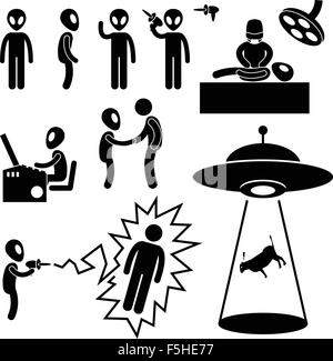 UFO ALIEN INVADERS Stick Figura Icona pittogramma Illustrazione Vettoriale