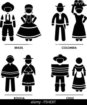 America del Sud - Brasile Colombia Bolivia Cile Uomo Donna nazionale Costume tradizionale vestire abbigliamento simbolo icona Segno pittogramma Illustrazione Vettoriale