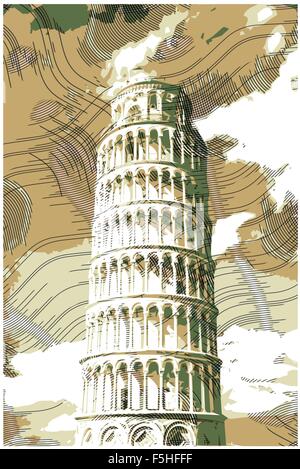 Famosa torre pisana resi con effetti di incisione. Illustrazione Vettoriale