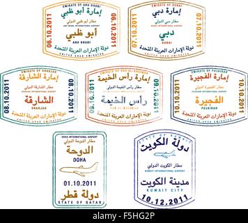 Stilizzata Passaporto Francobolli degli Emirati Arabi Uniti, Kuwait e Qatar in formato vettoriale. Illustrazione Vettoriale