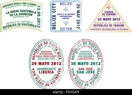 Passaporto Francobolli del Guatemala, Belize, Panama e Costa Rica in formato vettoriale. Illustrazione Vettoriale