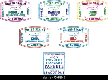 Hawaii e la Polinesia francese passaporto francobolli in formato vettoriale. Illustrazione Vettoriale