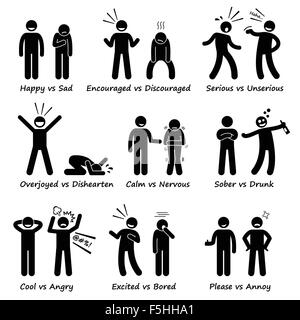 Di fronte sensazione emozioni positive vs azioni negative Stick figura il pittogramma icone Illustrazione Vettoriale