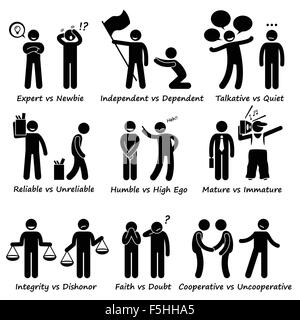 Umano comportamento opposto Positivo Negativo vs tratti caratteriali Stick figura il pittogramma icone Illustrazione Vettoriale