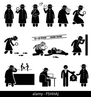 Detective Spy investigatore privato Stick figura il pittogramma icone Illustrazione Vettoriale