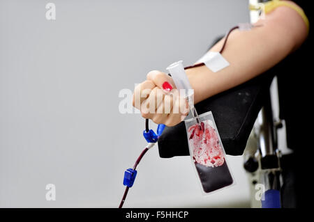 Dettaglio con la mano di un donatore di sangue e una plastica sacca di sangue in un ospedale Foto Stock