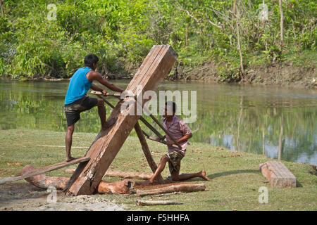 Il nepalese uomo la lavorazione del legno in modo tradizionale in Terai Foto Stock