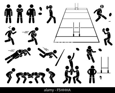 Giocatore di Rugby azioni pone Stick figura il pittogramma icone Illustrazione Vettoriale