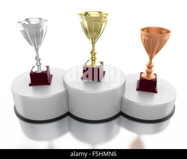 3d'illustrazione. Oro, Argento e bronzo trofeo coppe sul podio. Concetto di successo. Isolato sfondo bianco Foto Stock