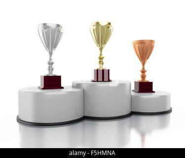 3d'illustrazione. Oro, Argento e bronzo trofeo coppe sul podio. Concetto di successo. Isolato sfondo bianco Foto Stock