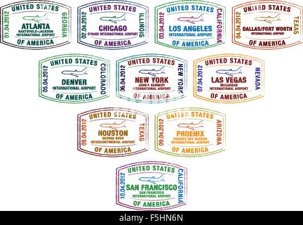 Passaporto Francobolli dei principali aeroporti statunitensi in formato vettoriale. Illustrazione Vettoriale