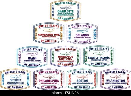 Passaporto Francobolli dei principali aeroporti statunitensi in formato vettoriale. Illustrazione Vettoriale