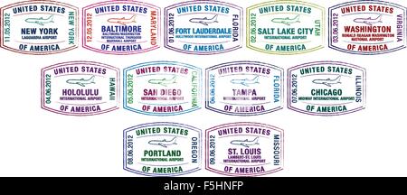 Passaporto Francobolli dei principali aeroporti statunitensi in formato vettoriale. Illustrazione Vettoriale