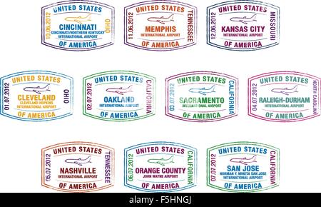 Passaporto Francobolli dei principali aeroporti statunitensi in formato vettoriale. Illustrazione Vettoriale