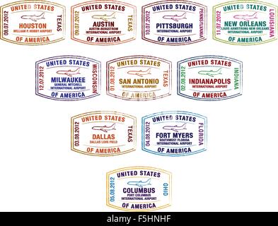 Passaporto Francobolli dei principali aeroporti statunitensi in formato vettoriale. Illustrazione Vettoriale