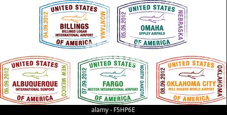 Passaporto Francobolli dei principali aeroporti statunitensi in formato vettoriale. Illustrazione Vettoriale