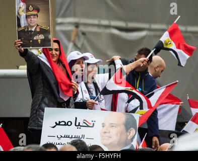 Whitehall, Londra, 5 novembre 2015. Pro Sisi manifestanti e contro i dimostranti da UK egizia e dei gruppi per i diritti umani gridare ogni altra verso il basso al di fuori di Downing Street davanti a dell'Egitto Presidente Abdel Fatah al-Sisi la visita del Primo Ministro David Cameron al n. 10. Nella foto: Sisi sostenitori con le loro bandiere egiziano. Credito: Paolo Davey/Alamy Live News Foto Stock