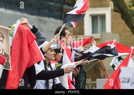 Whitehall, Londra, 5 novembre 2015. Pro Sisi manifestanti e contro i dimostranti da UK egizia e dei gruppi per i diritti umani gridare ogni altra verso il basso al di fuori di Downing Street davanti a dell'Egitto Presidente Abdel Fatah al-Sisi la visita del Primo Ministro David Cameron al n. 10. Nella foto: Sisi sostenitori con le loro bandiere egiziano. Credito: Paolo Davey/Alamy Live News Foto Stock