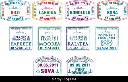 Hawaiian, della Polinesia francese e il fijiano passaporto francobolli in formato vettoriale. Illustrazione Vettoriale