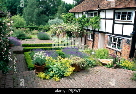 Piccolo nodo formale giardino con scatola attorno al bordo frontale lavanda di un cottage di campagna con pavimentazione in mattoni Foto Stock