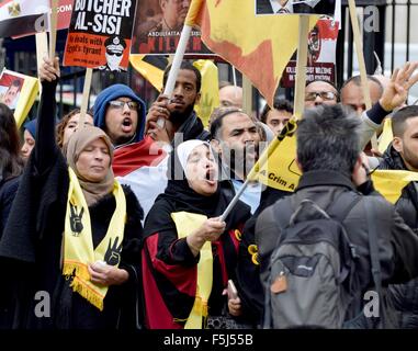 Londra, Regno Unito. 05 Nov, 2015. Manifestanti per e contro il Presidente Sisi d'Egitto protesta a Whitehall in attesa del suo arrivo a Downing Street per incontrare il Primo Ministro Credito: PjrNews/Alamy Live News Foto Stock