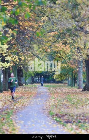 Edinburgh, Regno Unito. 5th. Meteo Foto di autunno nei prati. Edimburgo. I membri del pubblico a piedi lungo i prati del parco di Edimburgo sotto un baldacchino di autunno alberi colorati. Pak@ Mera/Alamy Live News. Foto Stock