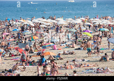 Bagni di sole in spiaggia urbana, Barceloneta,Barcelona.avviso,pericolo,scottature,sun,bruciato,beach,Catalogna,Spagna. Foto Stock