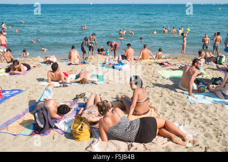 Bagni di sole in spiaggia urbana, Barceloneta,Barcelona.avviso,pericolo,scottature,sun,bruciato,beach,Catalogna,Spagna. Foto Stock