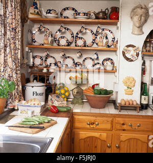 Collezione di vintage cina su semplici ripiani in un cottage degli anni novanta cucina con una ciotola di verdure e una farina di smalto bin Foto Stock