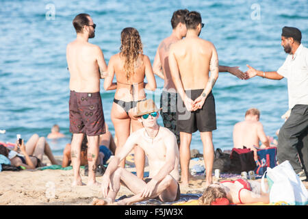 Avvertenza pericolo,,scottature,sun,bruciato,beach,Barcellona, Foto Stock