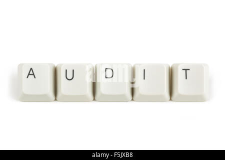 Testo di audit da sparse i tasti della tastiera sono isolati su sfondo bianco Foto Stock